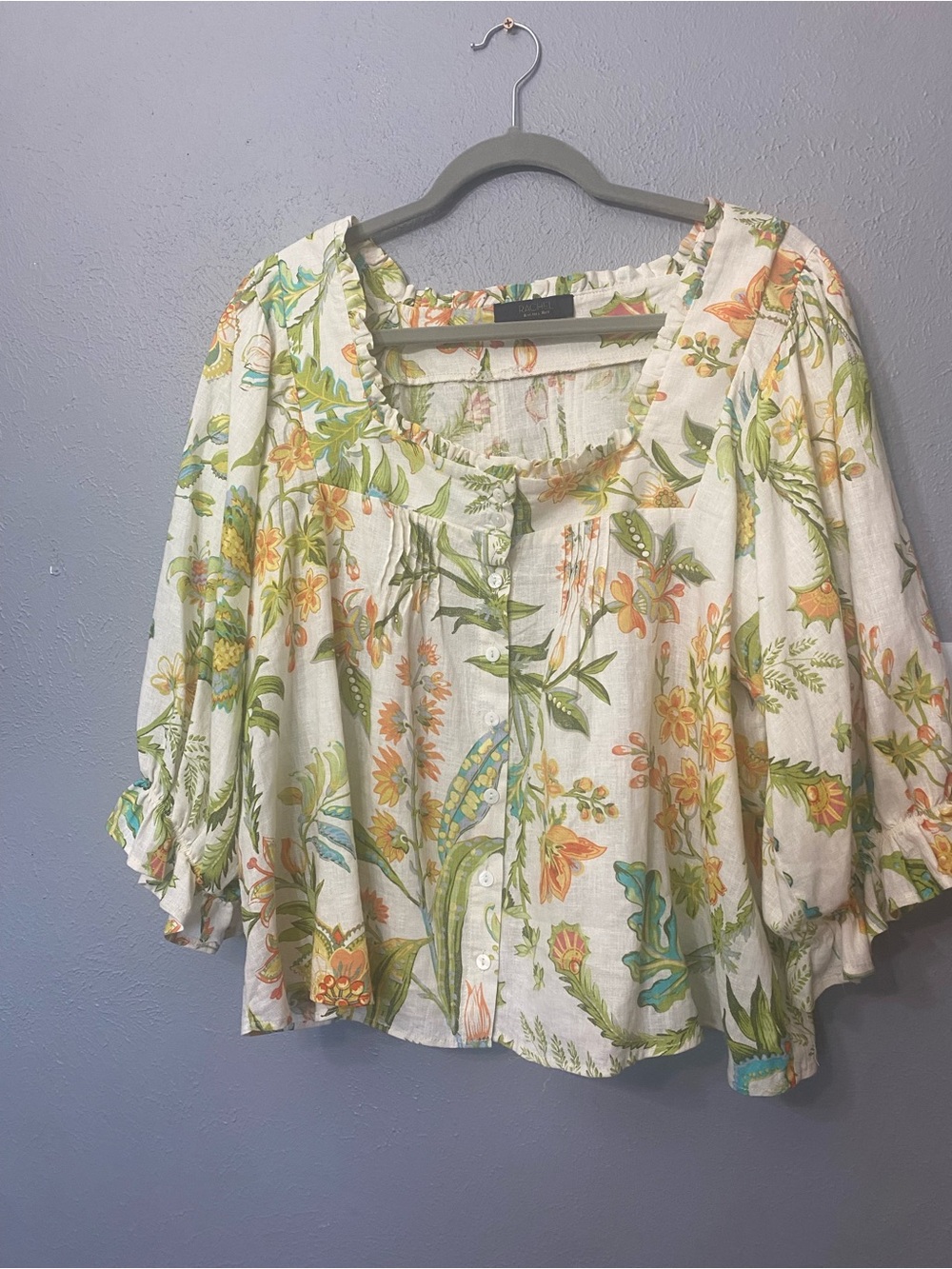 RACHEL Rachel Roy Floral Button-Front Peasant Blouse boho summer linen blend